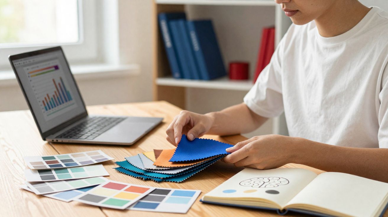 Pessoa a analisar amostras de tecido coloridas numa mesa com computador portátil e livro aberto.