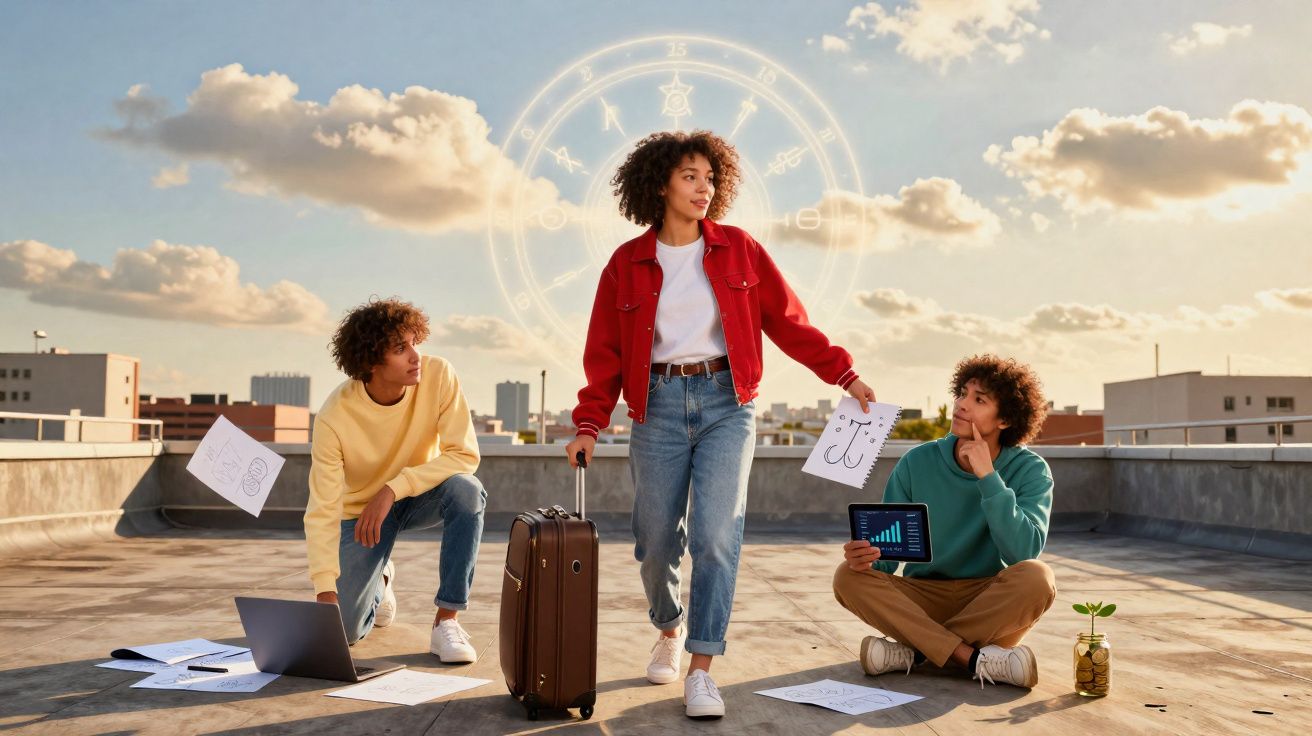 Três jovens com roupas casuais num terraço, rodeados por papéis, laptop e tablet, sob céu com símbolos astrológicos.