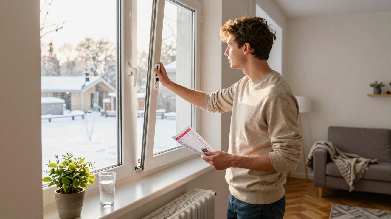 Homem a abrir janela para arejar sala numa manhã de inverno com neve no exterior.