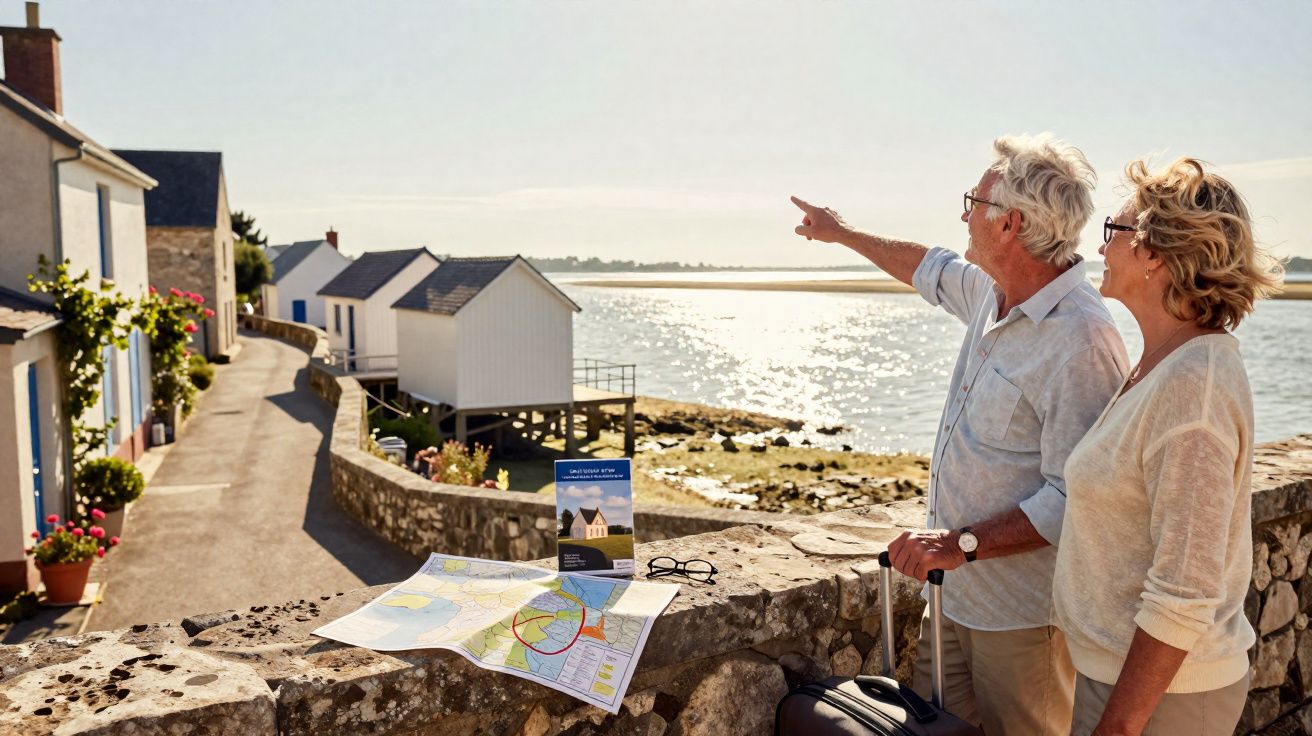Casal sénior a observar o mar junto a casas típicas numa vila costeira ao pôr do sol.