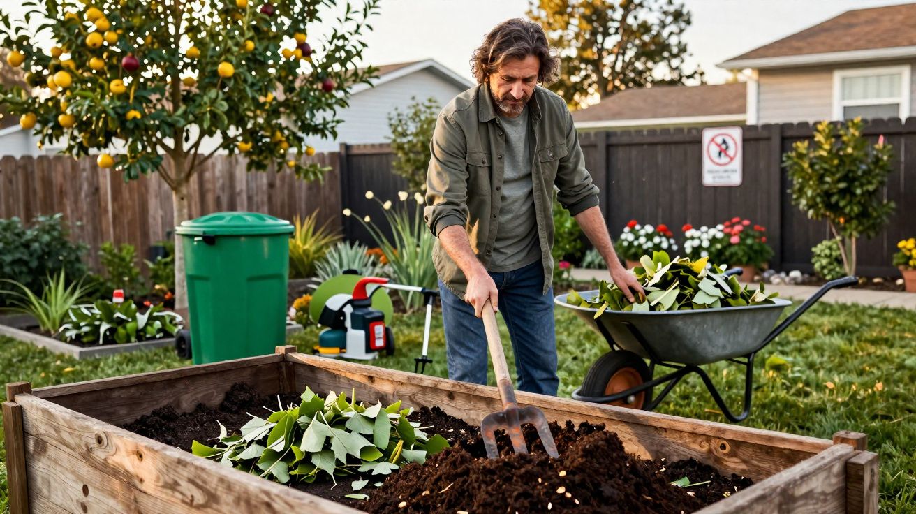 Homem a cuidar de uma horta elevada com folhas e jardim ao redor numa tarde ensolarada.