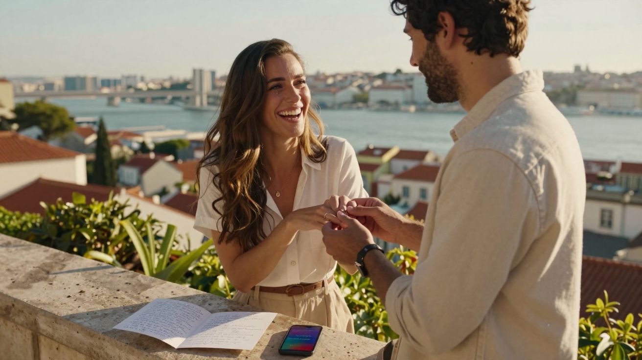 Homem a pedir mulher em casamento numa varanda com vista para rio e cidade ao fundo, ambos sorridentes.