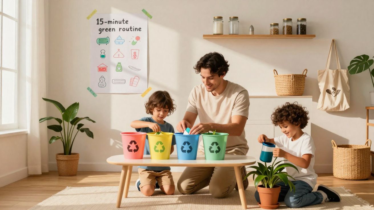 Pai e filhos pequenos a separar lixo em vasos coloridos com símbolos de reciclagem numa sala iluminada.