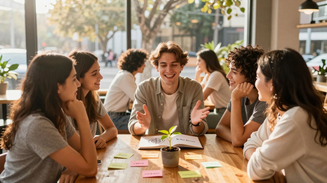 Jovens sentados à mesa, discutindo ideias com notas coloridas e plantas num ambiente acolhedor e iluminado.