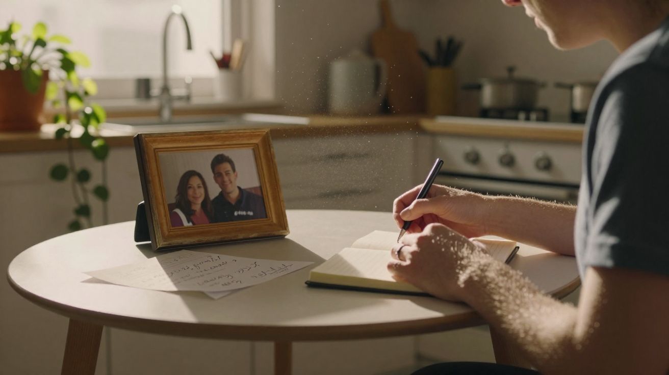 Pessoa a escrever num caderno numa mesa redonda com uma fotografia de casal em moldura e folhas com notas.