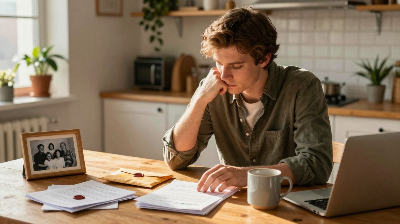 Jovem sentado a uma mesa de cozinha, a ler documentos com expressão concentrada, ao lado de um portátil e caneca.
