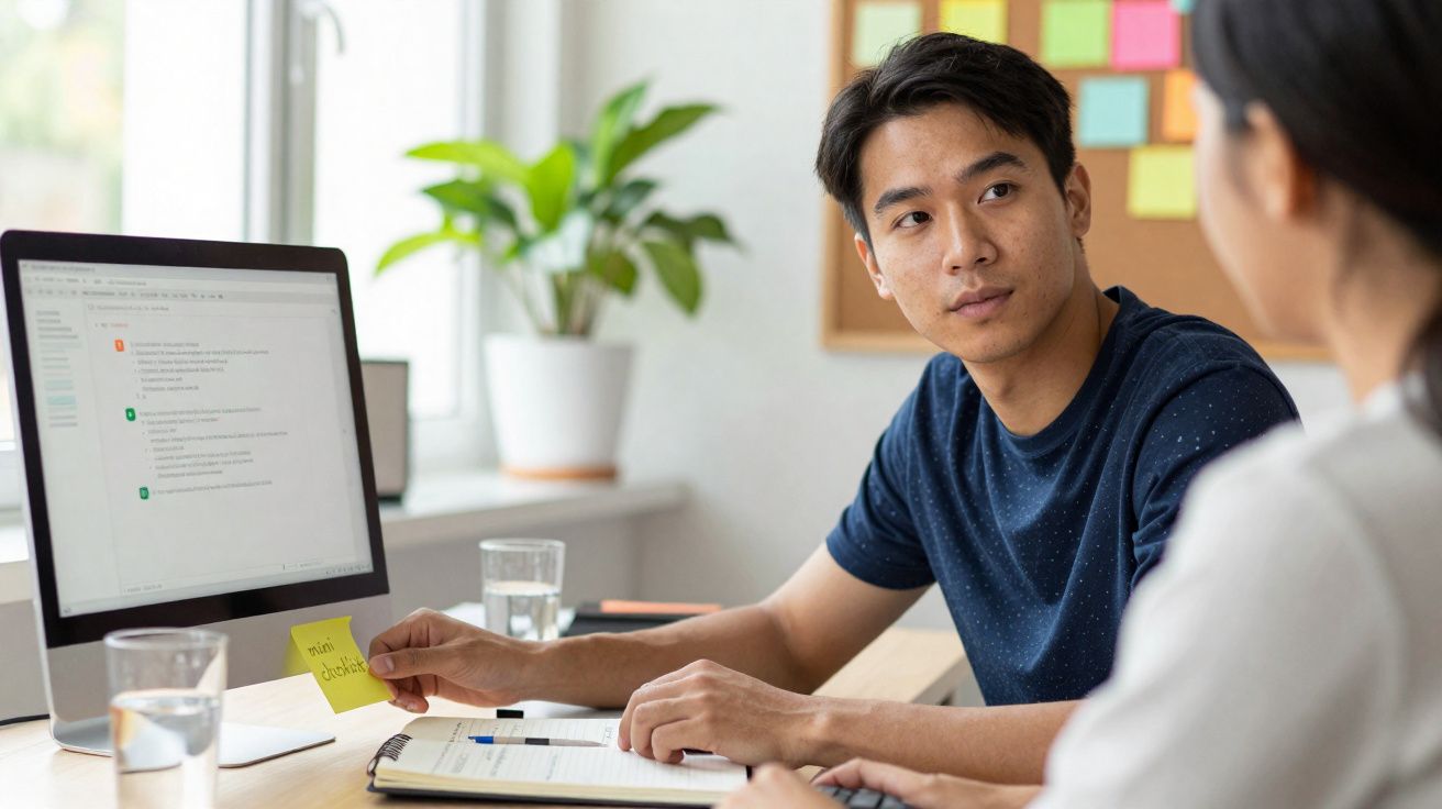 Homem jovem em camisola azul a apontar nota adesiva num computador durante conversa com mulher.