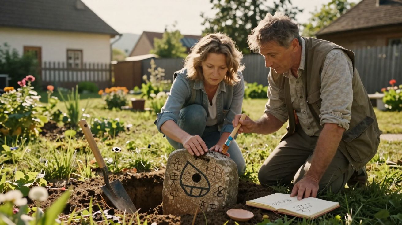 Casal a descobrir um artefacto antigo num jardim, com uma pá e um caderno de desenhos ao lado.