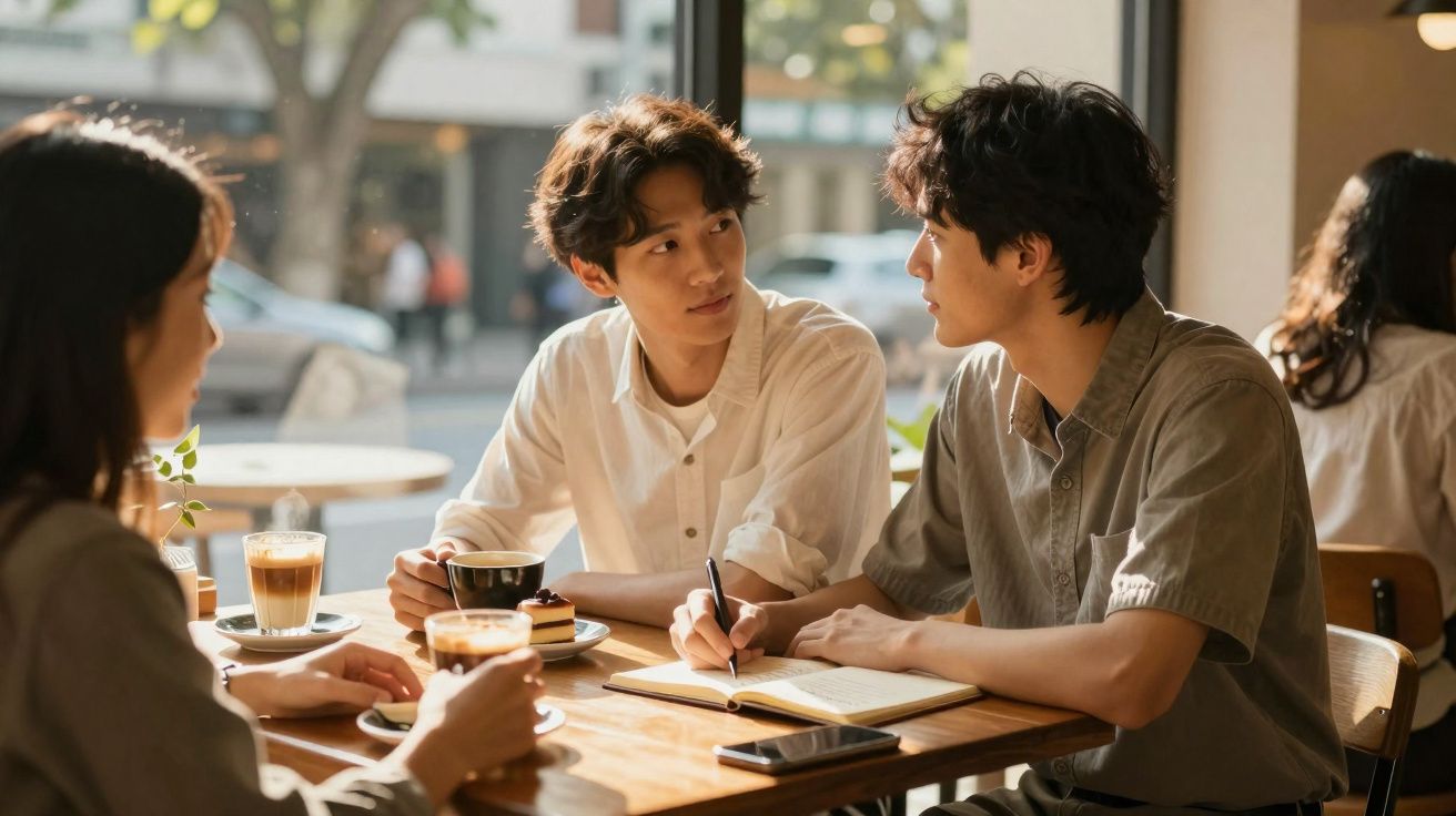 Três jovens sentados numa mesa de café, conversando e a beber café com pastéis à sua frente.