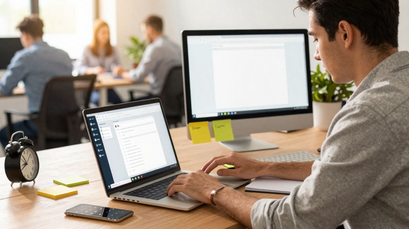 Homem a trabalhar num escritório moderno com portátil, monitor, telemóvel e relógio numa mesa de madeira.
