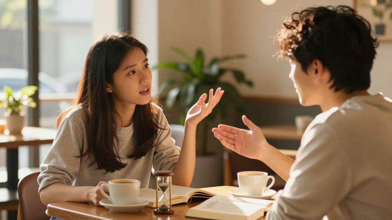 Duas pessoas sentadas a conversar com chávenas de café e livros numa mesa iluminada pela luz natural.