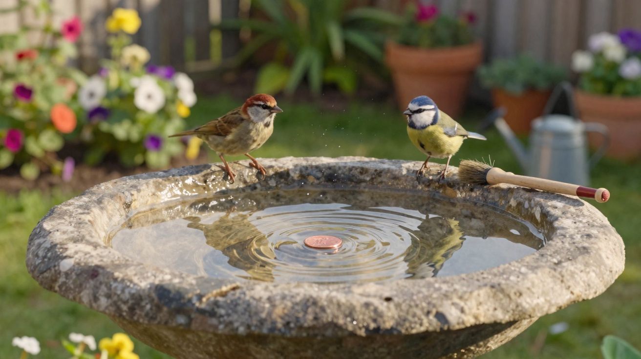Dois pássaros pousados numa bacia de pedra com água num jardim florido ao fundo.