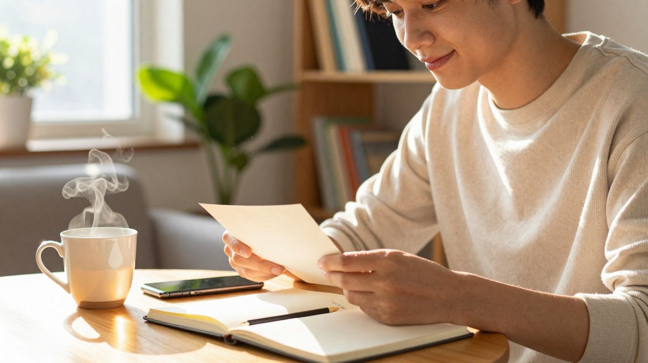 Pessoa sentada a ler um papel, com caderno, telemóvel e chá quente numa mesa iluminada pelo sol.