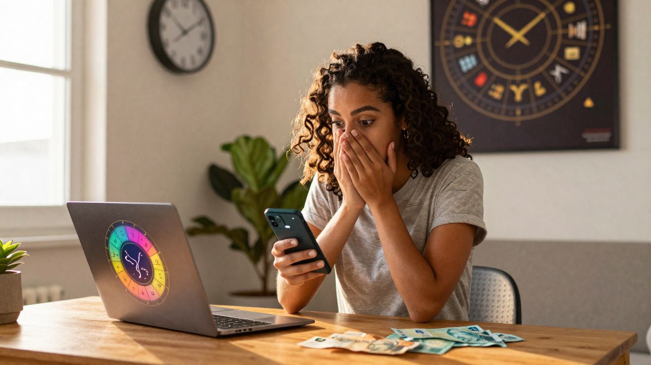 Mulher sentada à mesa com expressão surpresa, olhando para o telemóvel, com computador e dinheiro à frente.
