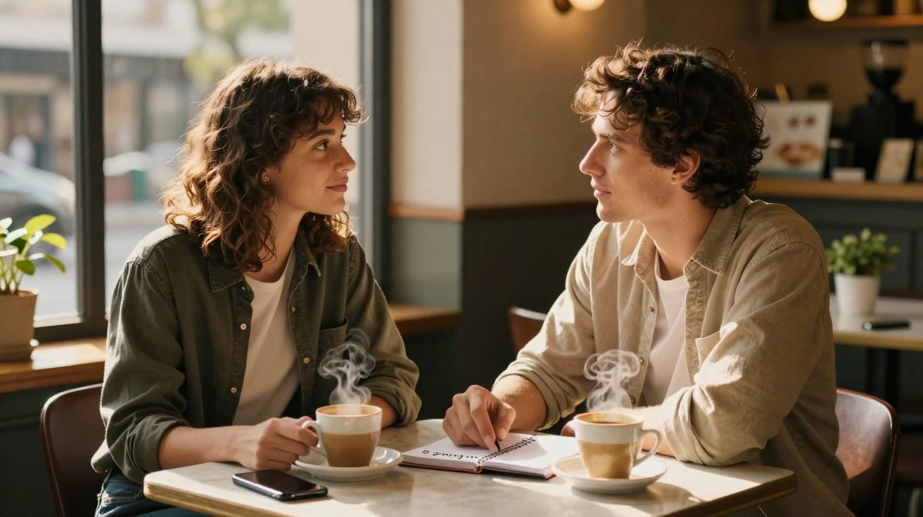 Casal jovem a conversar numa esplanada com duas chávenas de café fumegante à frente.