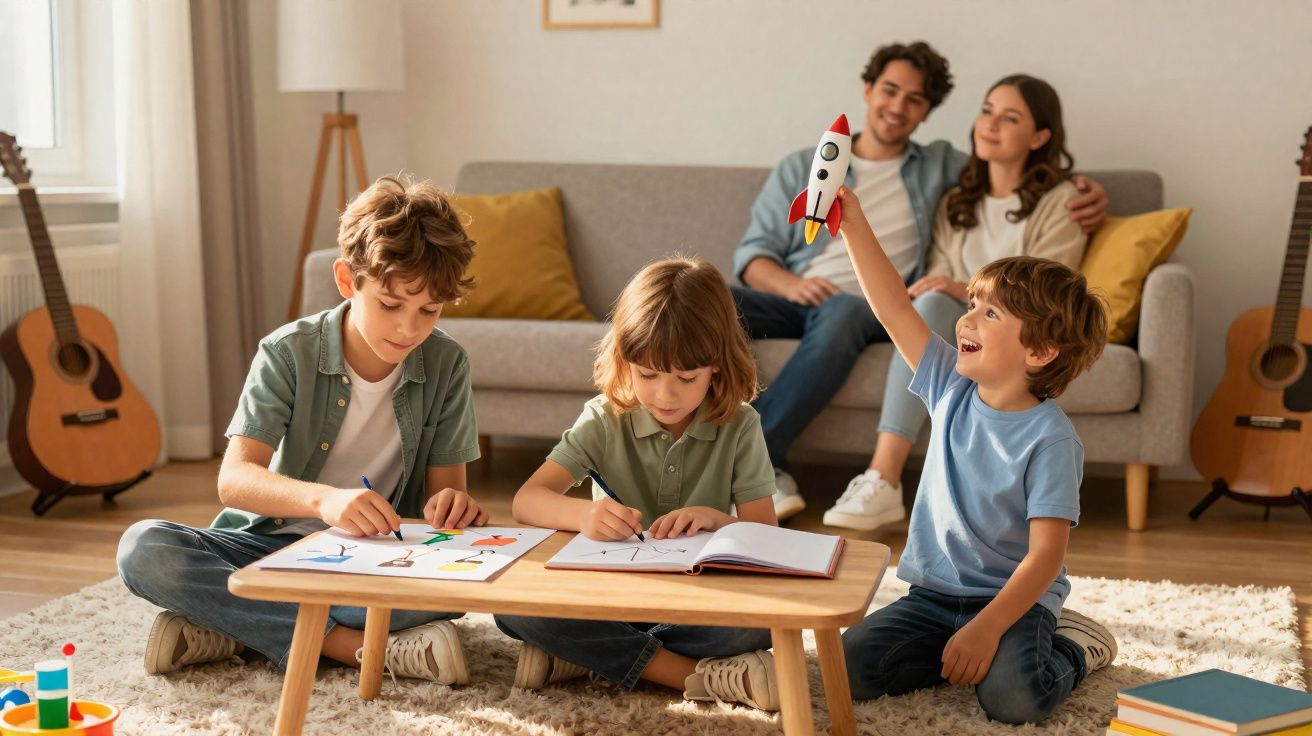 Três crianças desenham e brincam no chão da sala com dois adultos sentados no sofá ao fundo.