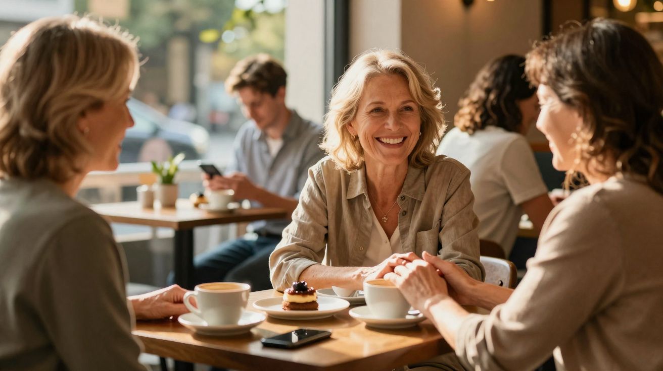Três mulheres sorrindo e conversando numa cafetaria, com cafés e sobremesa na mesa.