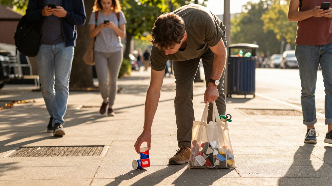 Homem apanha lixo no chão da rua segurando saco cheio, enquanto outras pessoas usam telemóveis ao redor.