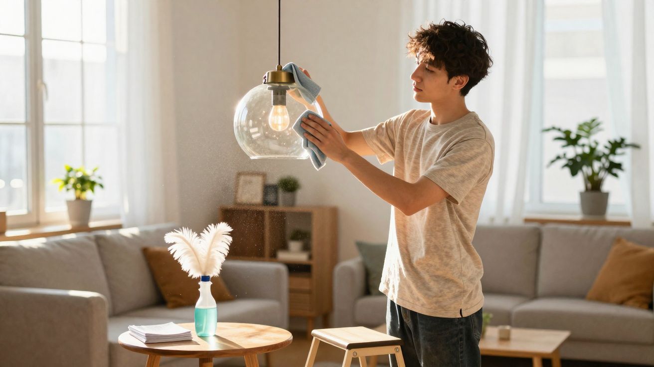 Homem a limpar uma lâmpada suspensa num ambiente de sala de estar bem iluminada.