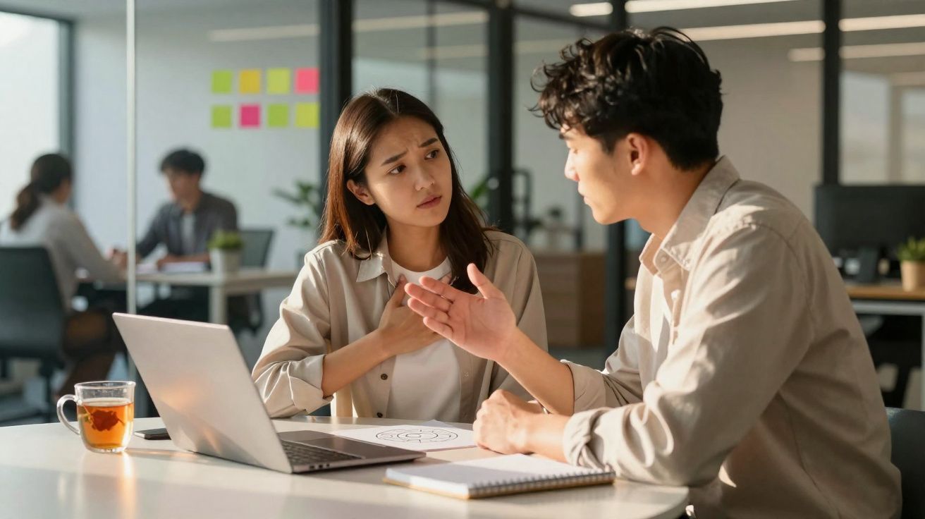 Duas pessoas em escritório a discutir, com expressão séria, sentadas à mesa com computador portátil e caderno.