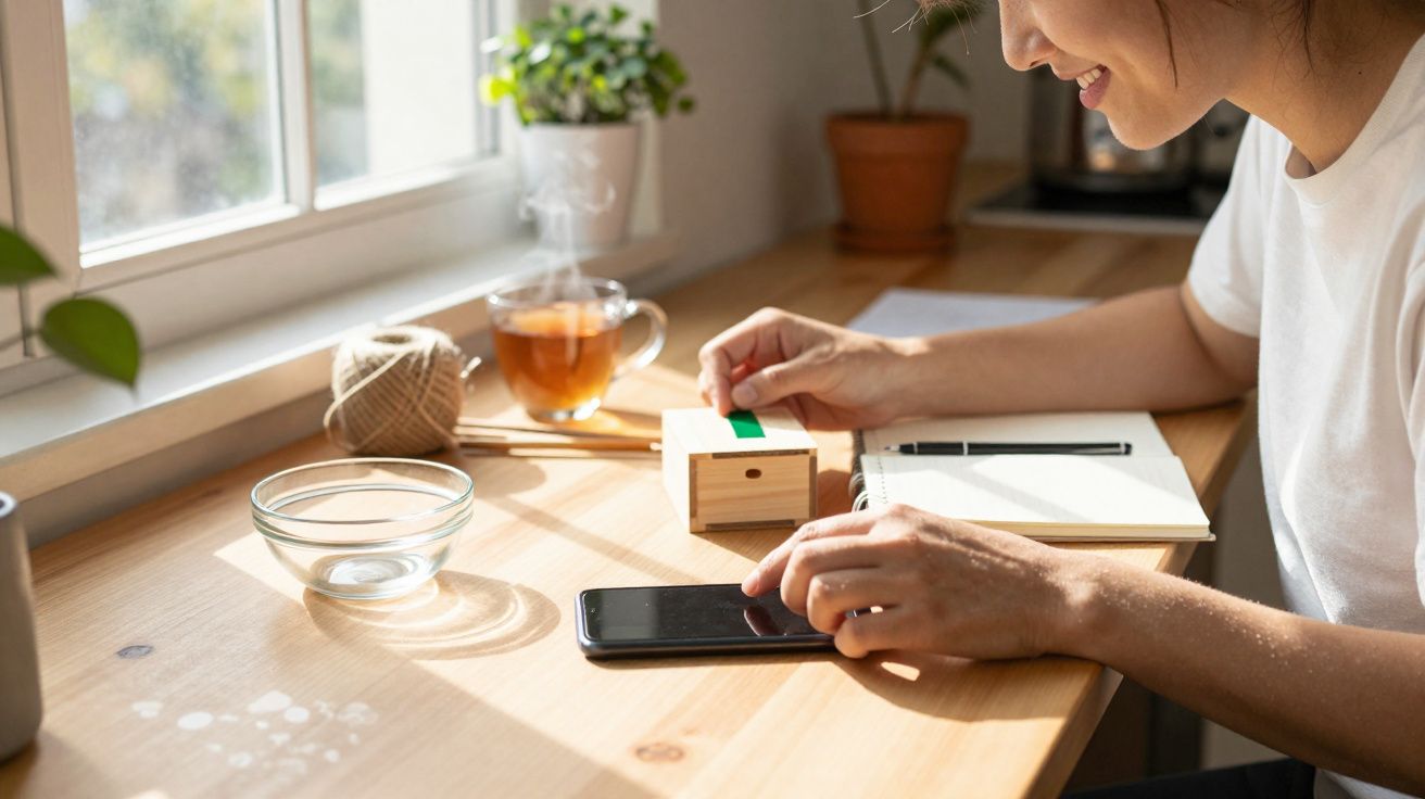 Pessoa sorridente a usar um carimbo ao lado de telemóvel, chá e caderno numa secretária de madeira junto à janela.