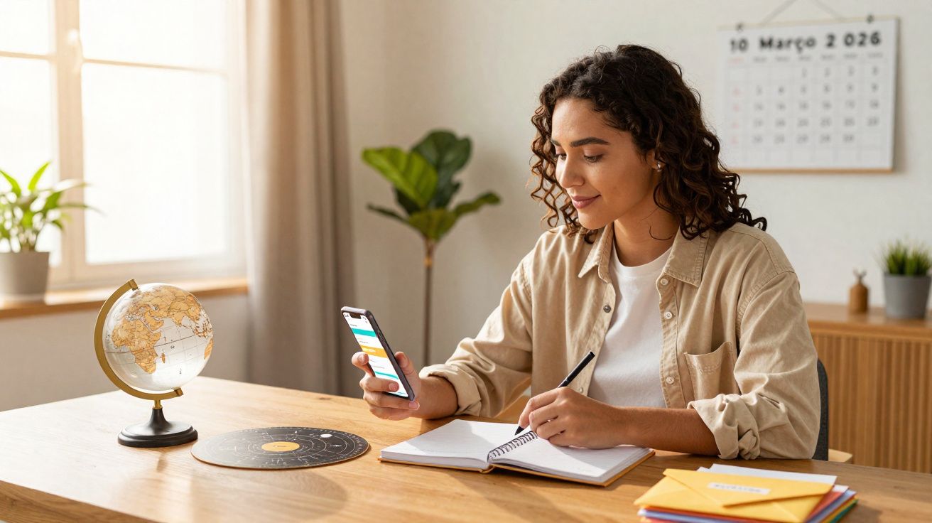 Jovem sentada numa mesa a consultar o telemóvel e a escrever num caderno, com globo e calendário ao fundo.