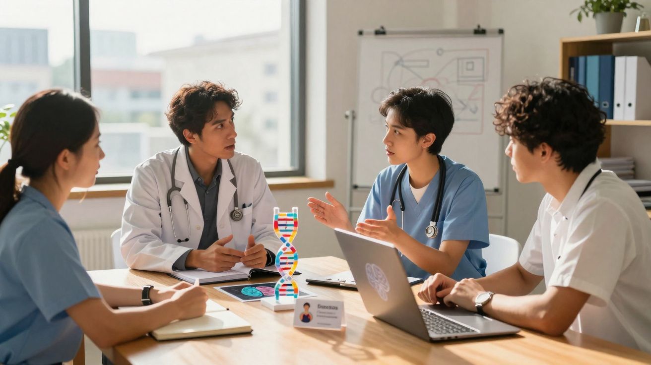 Equipa médica a discutir dados genéticos com modelo de ADN e tecnologia num ambiente de consulta.
