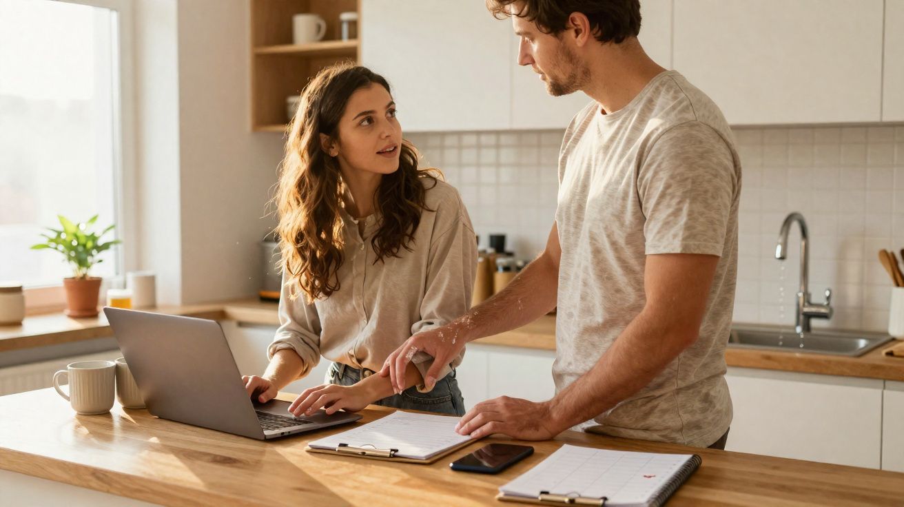 Casal a conversar na cozinha enquanto utiliza um computador portátil e consulta documentos sobre a bancada.