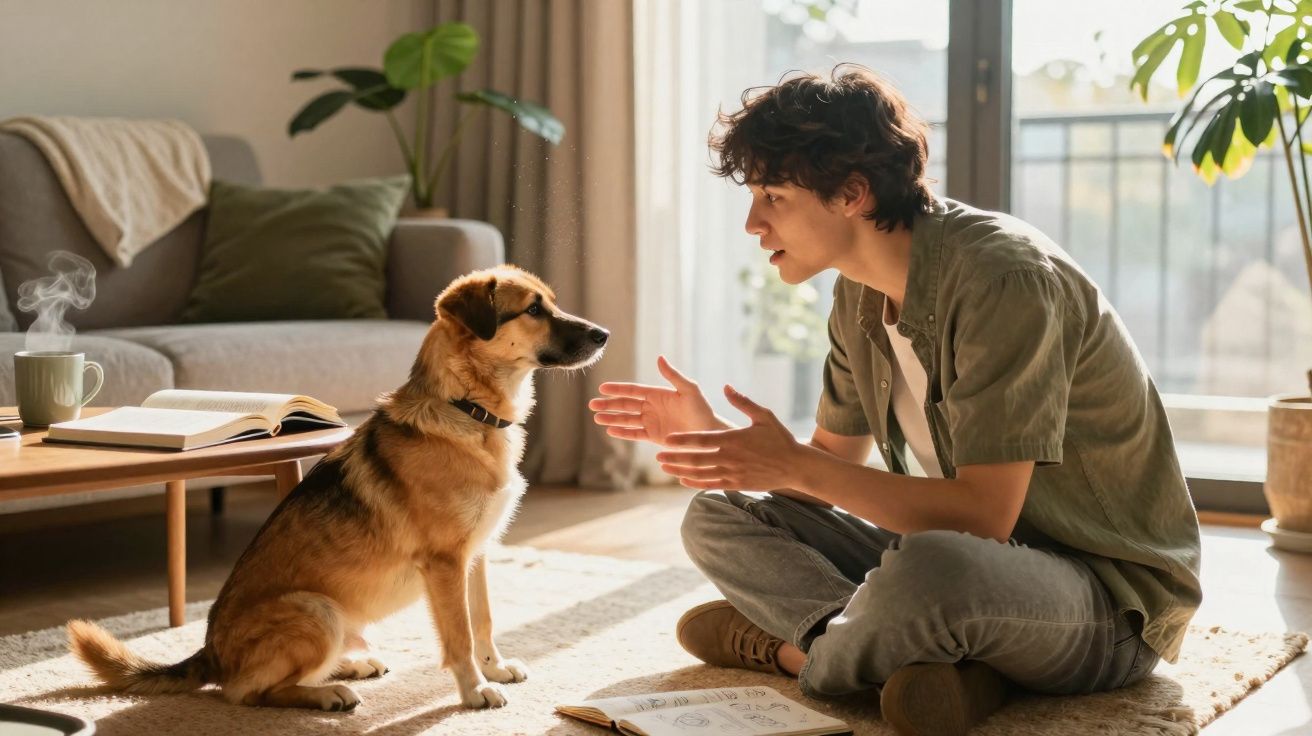 Jovem sentado no chão a falar com cão sentado em sala de estar iluminada pela luz natural.