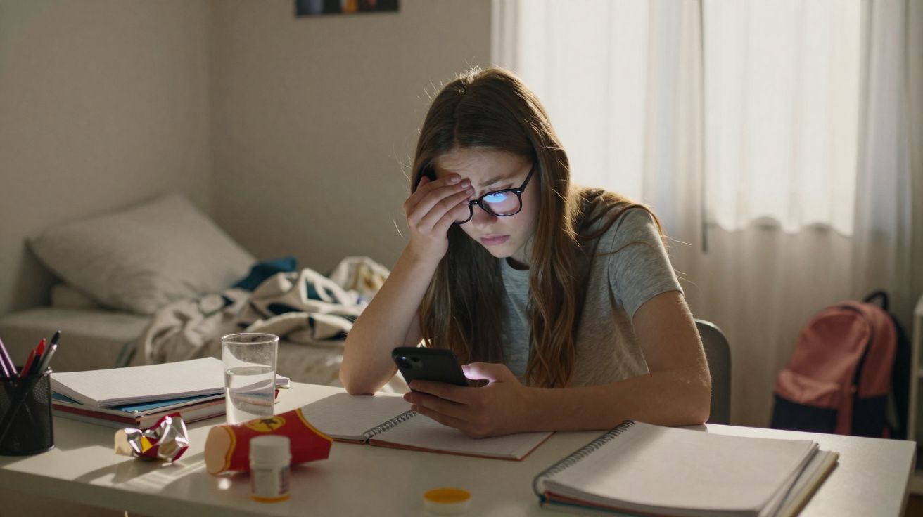 Rapaz com óculos, preocupado, a olhar para o telemóvel numa mesa com cadernos e medicamentos.