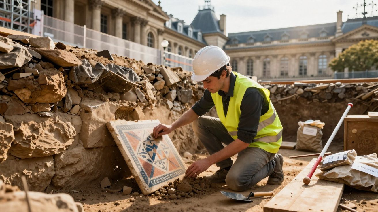 Arqueólogo com capacete e colete examina azulejo antigo numa escavação arqueológica em zona histórica.