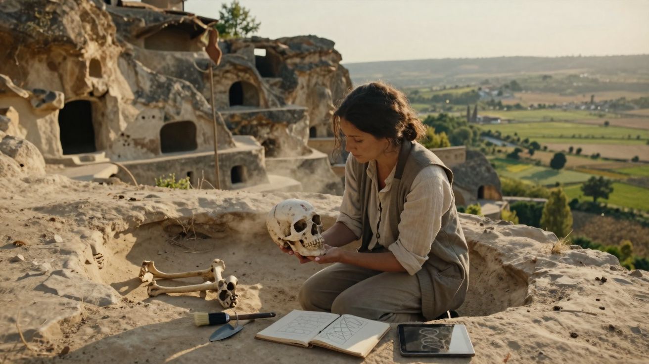 Mulher arqueóloga analisa crânio humano em escavação com caverna e paisagem ao fundo.