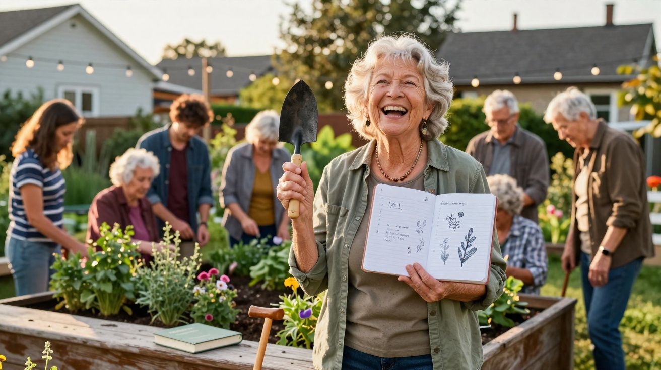 Mulher idosa sorridente segura pá e caderno de jardinagem, grupo de pessoas a plantar flores atrás dela.