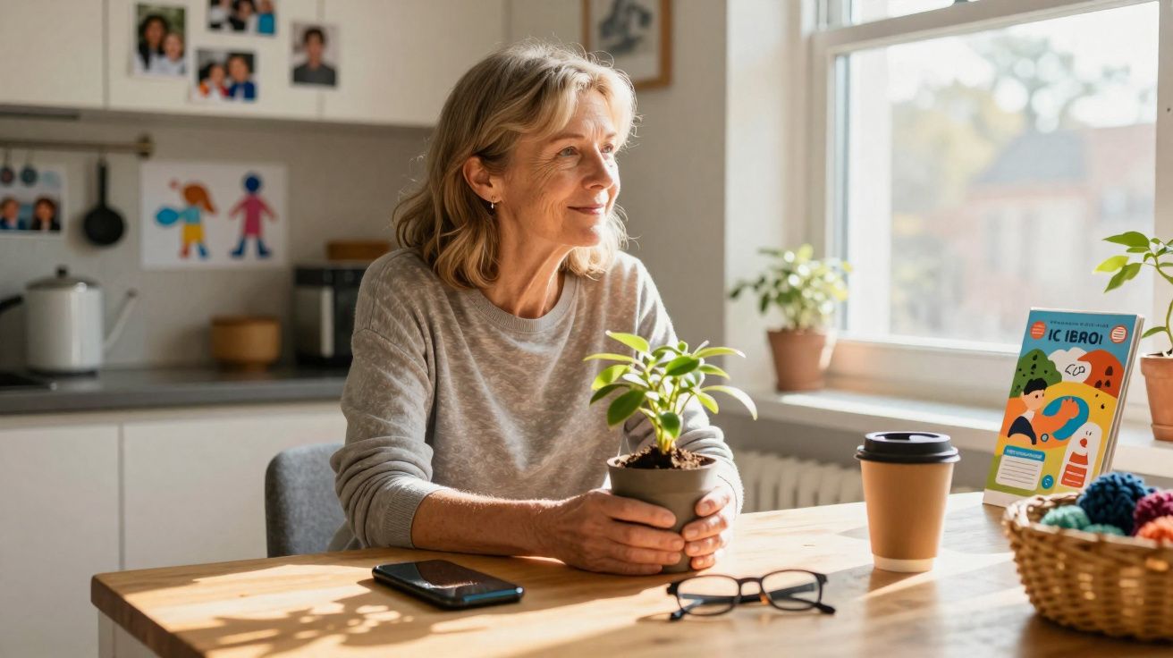 Mulher sorridente sentada à mesa, segurando vaso com planta, olhando pela janela em ambiente iluminado.