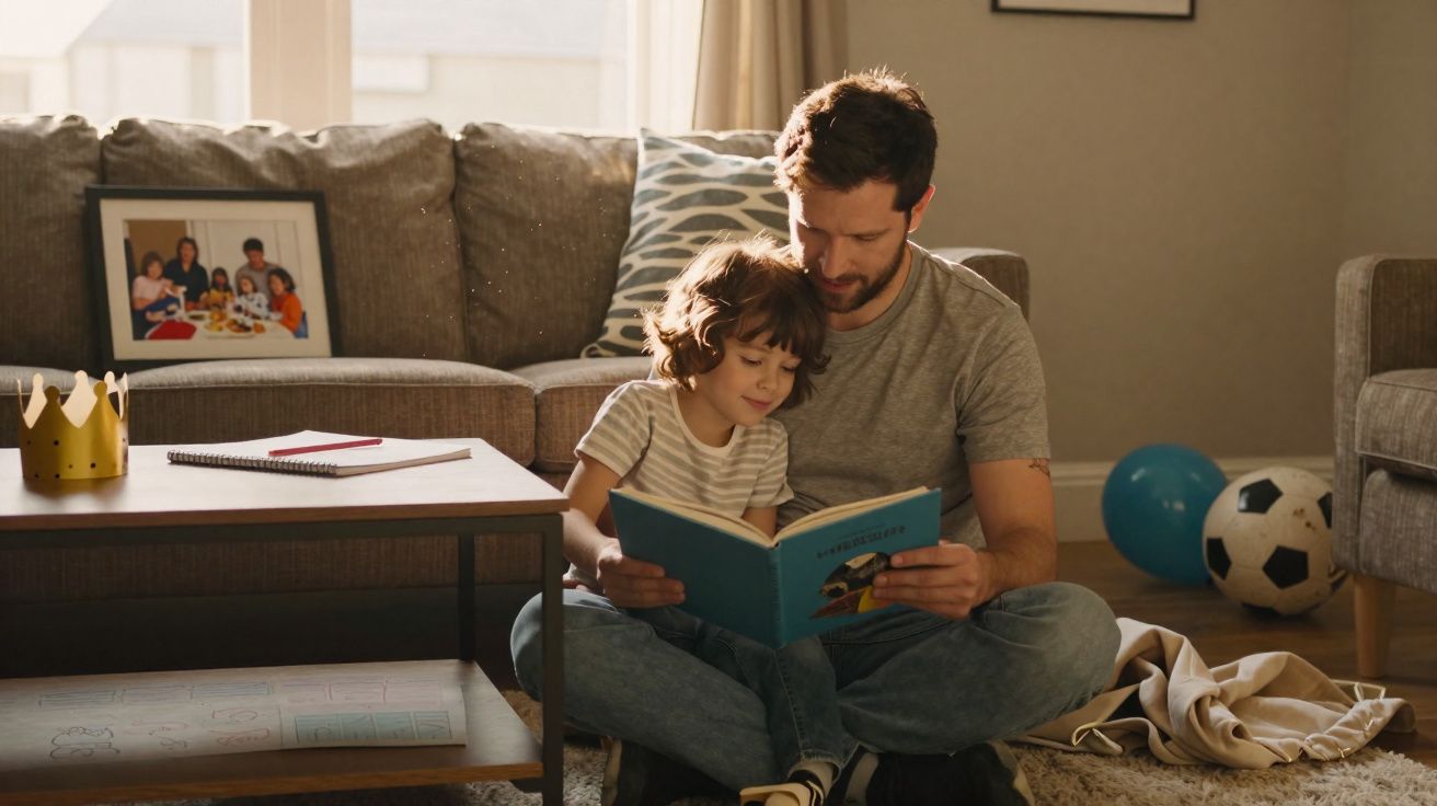Pai e filho sentados no chão a ler um livro numa sala de estar com bola de futebol e balão azul.