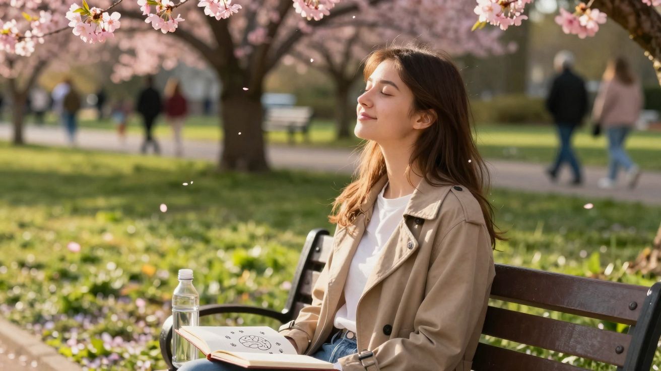 Mulher sentada num banco no parque, de olhos fechados, ao sol, com flores de cerejeira ao fundo.