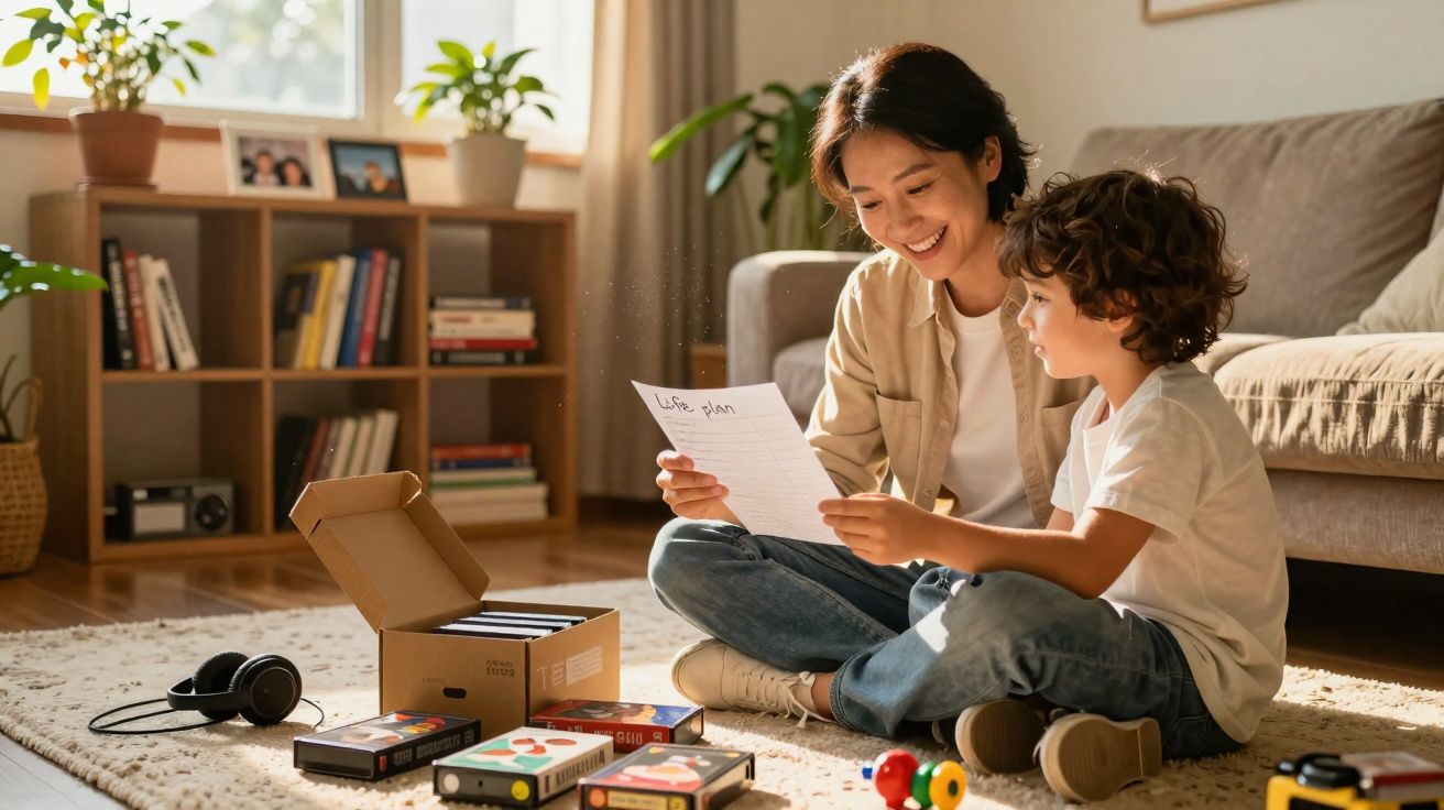 Mulher e criança sentados no chão da sala a ler um papel, rodeados de caixas e brinquedos.
