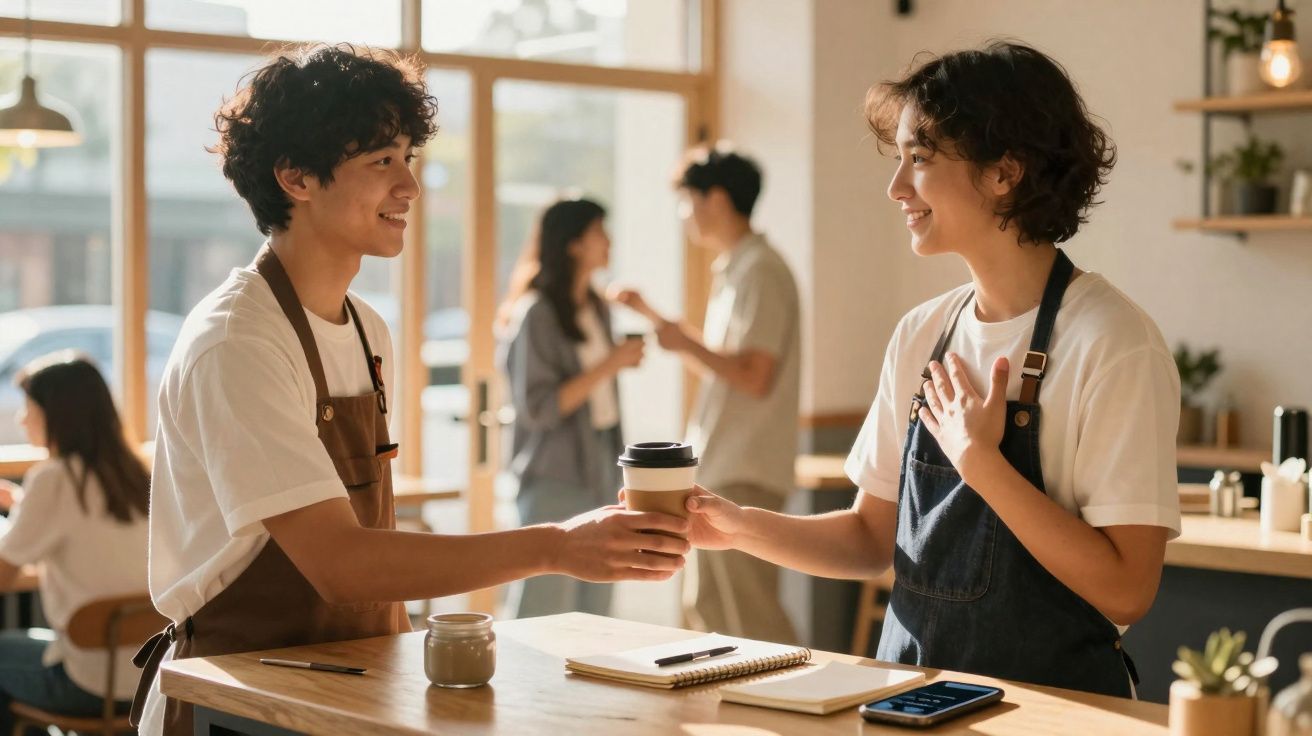 Dois jovens funcionários a sorrir e trocar um café num café acolhedor e iluminado.