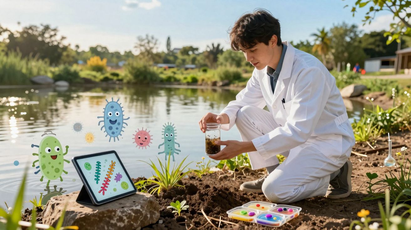 Jovem cientista em fato branco analisa amostra de solo junto a lago com tablet mostrando bactérias animadas.