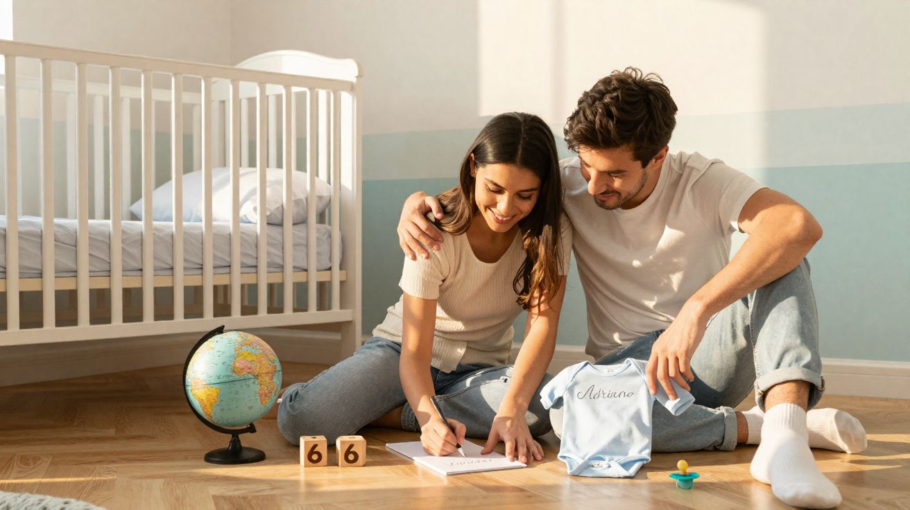 Casal sentado no chão do quarto do bebé decorado com globos, cubos e brinquedos, escrevendo num caderno.