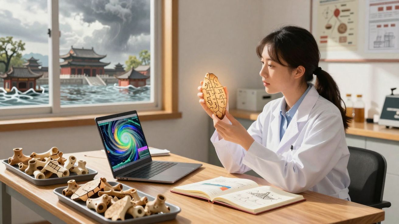 Mulher cientista analisa artefacto antigo num laboratório com laptop e livros, janela mostra cenário inundado.