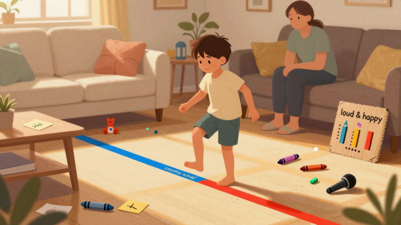 Criança a jogar hopscotch com uma mulher sentada no sofá a observar numa sala iluminada.