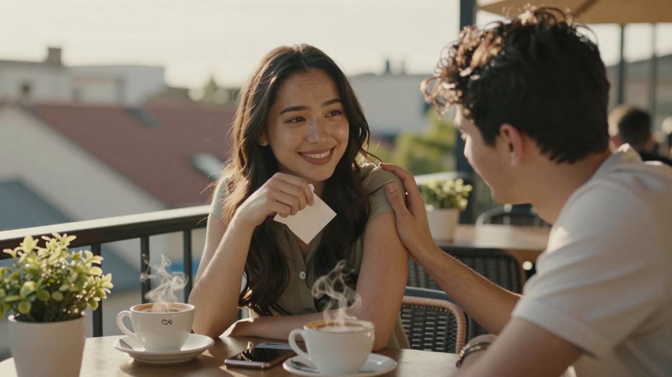 Casal sentado numa esplanada a conversar, mulher sorridente segurando um papel, dois cafés fumegantes na mesa.