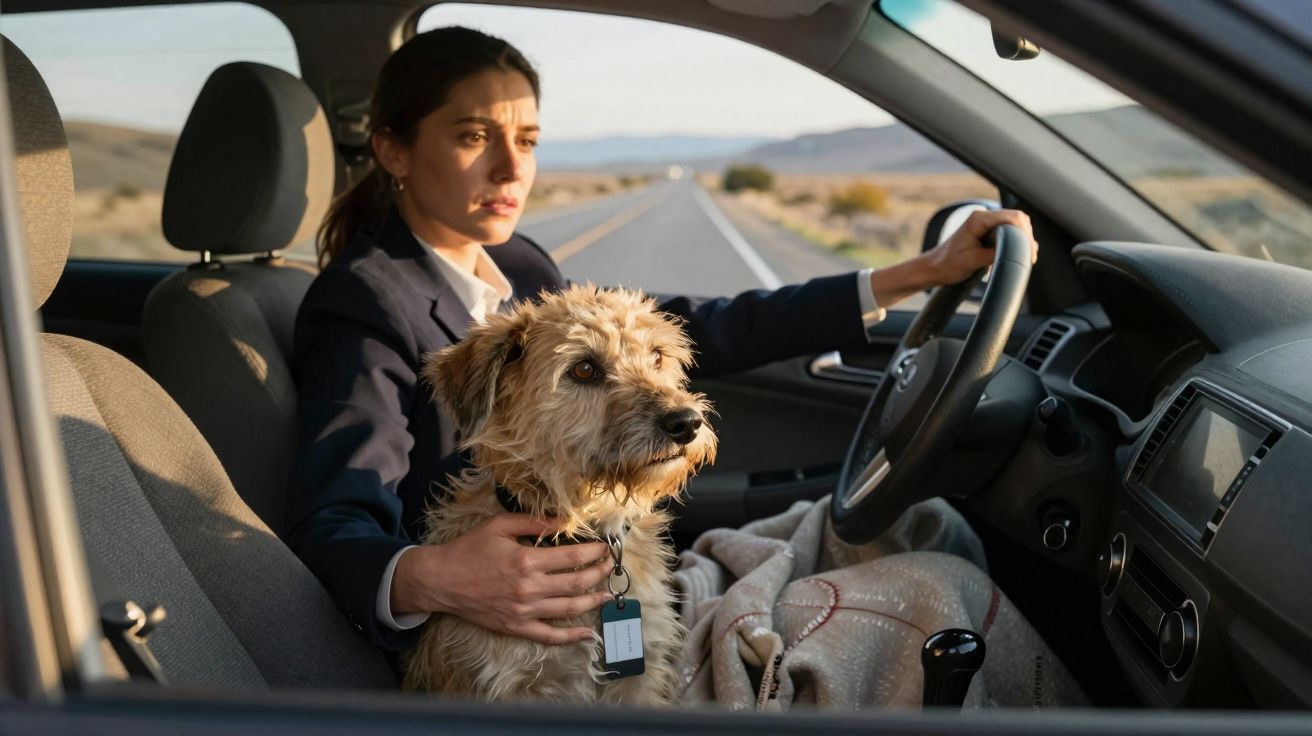 Mulher concentrada ao volante com cão castanho peludo no carro numa estrada deserta durante o dia.