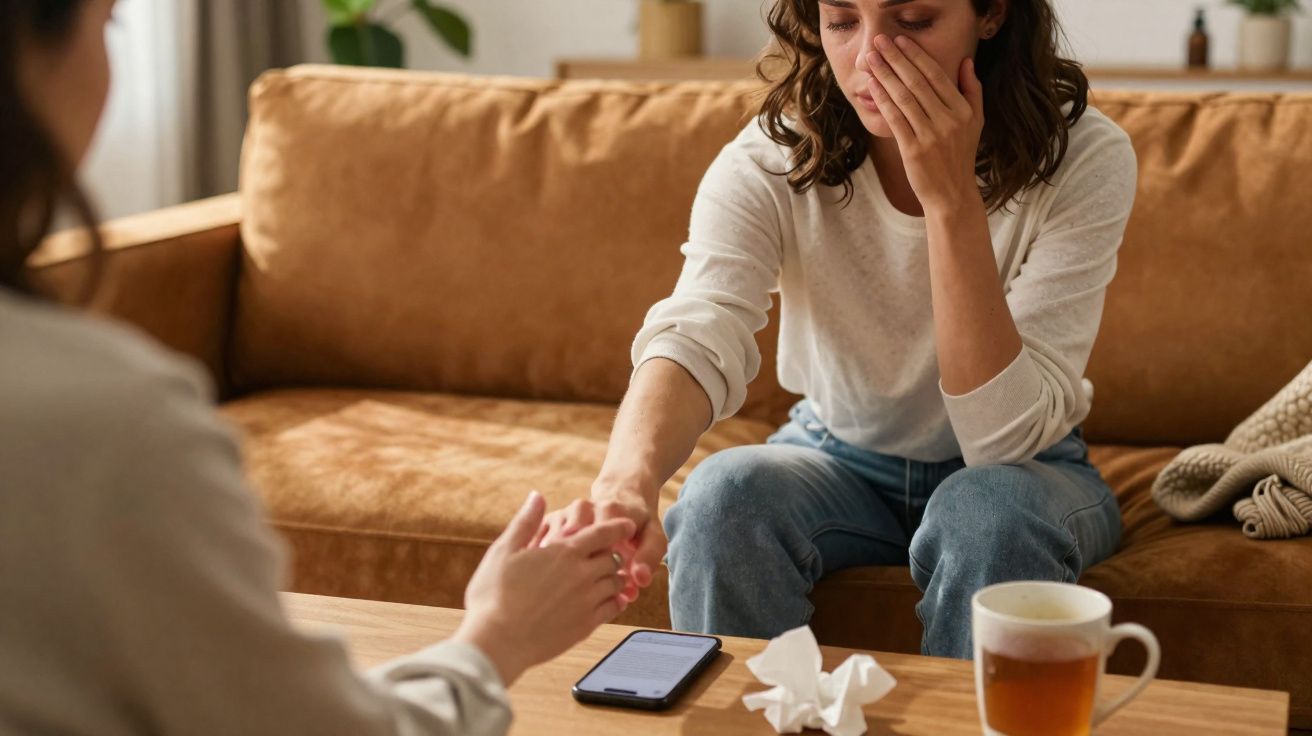Mulher triste sentada no sofá a ser consolada por outra pessoa, com lenços e chá na mesa à frente.