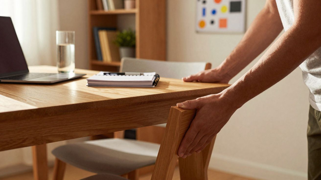 Pessoa a ajeitar uma cadeira de madeira junto a uma mesa com computador portátil e caderno numa sala de estar.