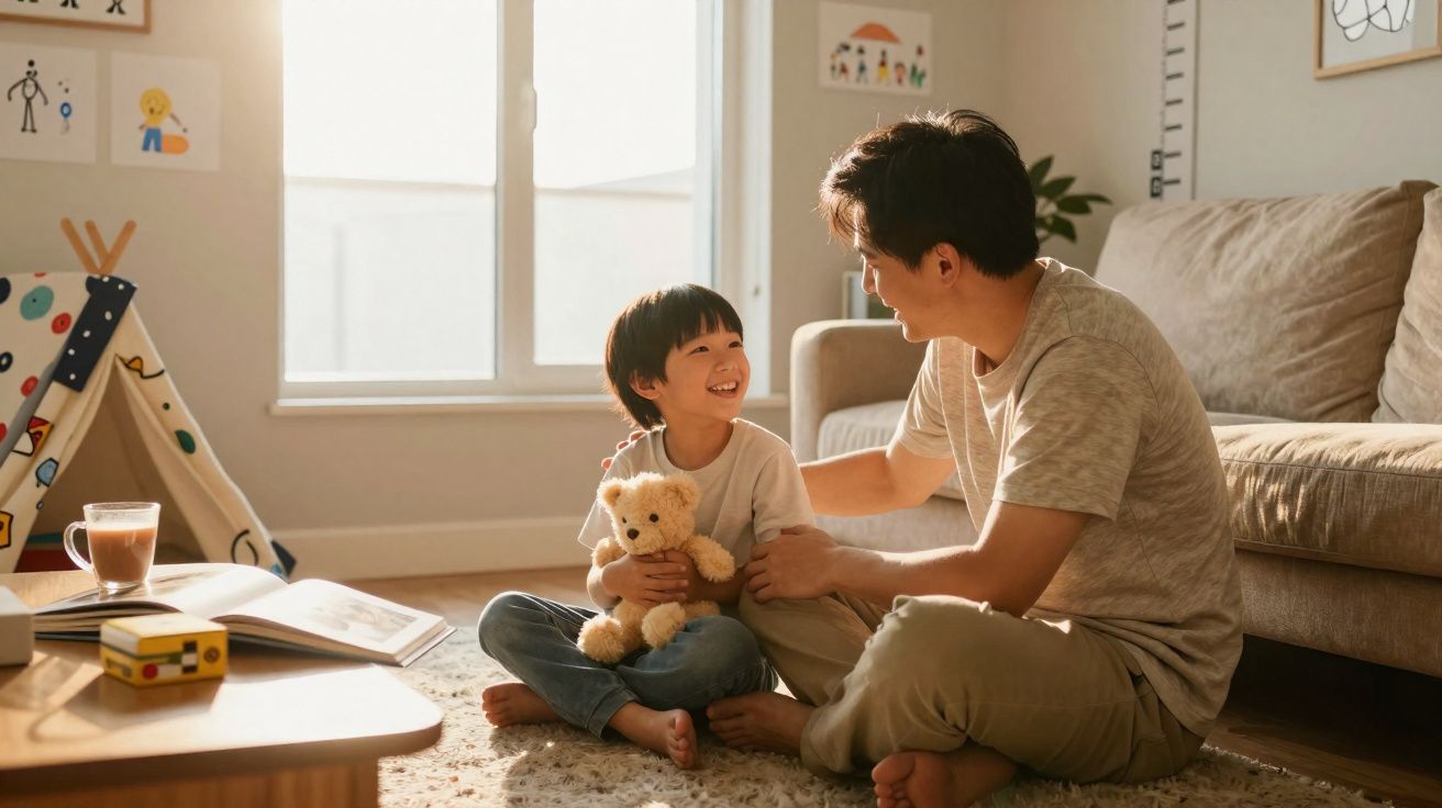 Pai e filho sentados no chão a brincar e rir juntos numa sala iluminada e acolhedora.