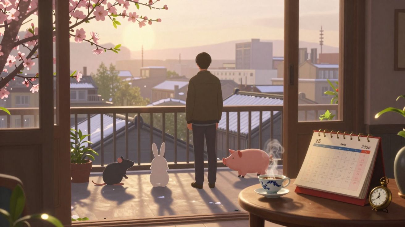 Pessoa e três animais olhando para o horizonte ao pôr do sol numa varanda, ambiente tranquilo e acolhedor.