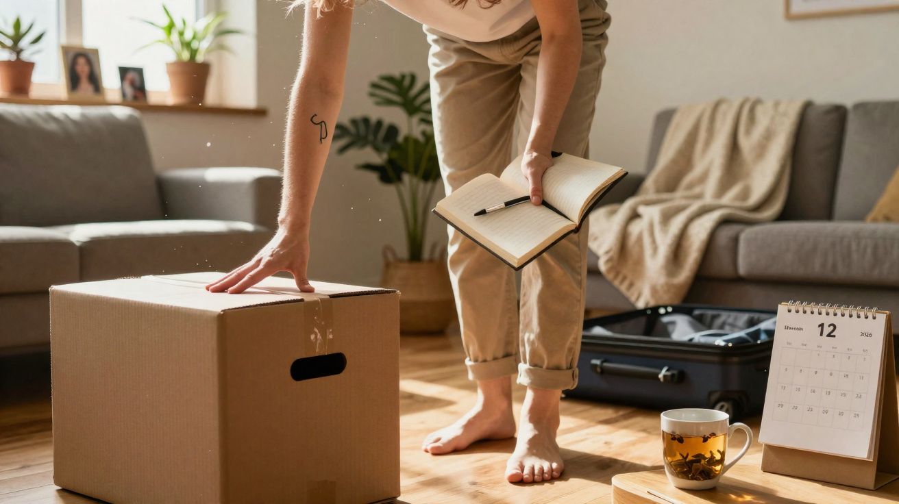 Pessoa despacotando caixa de cartão numa sala de estar com calendário, chá e mala aberta ao fundo.
