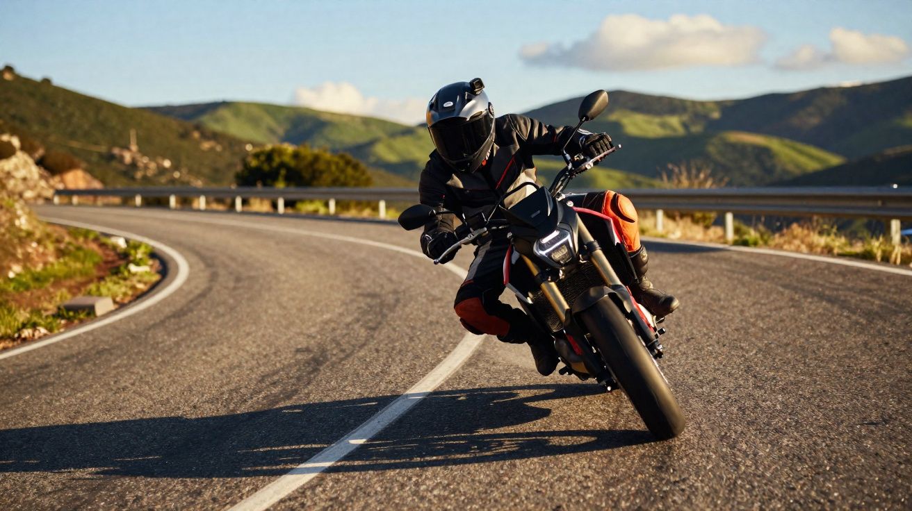 Motociclista de equipamento preto inclina-se numa curva sinuosa com montanhas ao fundo.